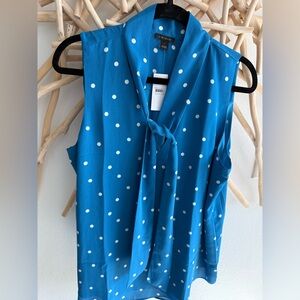 Ann Taylor Blue Polka Dot Blouse bow tie neck sz L T, NWT